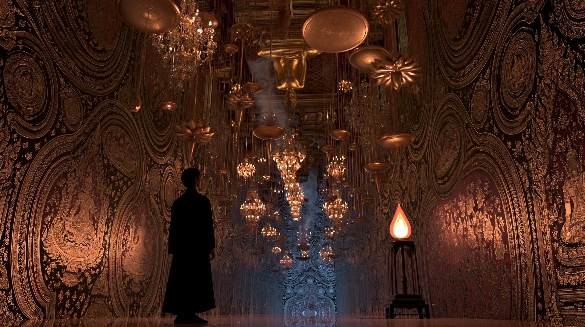 a person standing on a bare floor gazing upward inside 4AM Bangkok