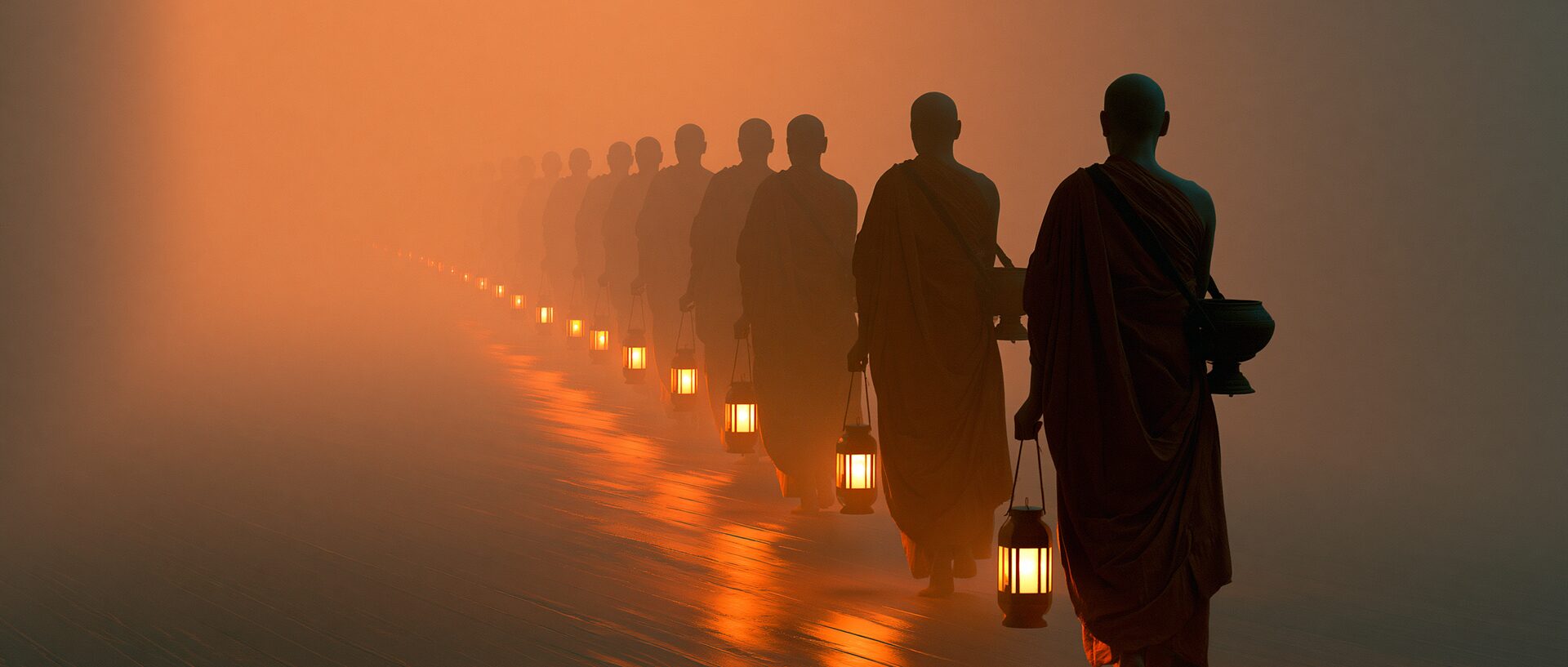 a procession of monks with glowing lanterns in warm fog inside 4AM Bangkok